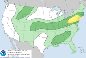 While the light green area reflects where thunderstorms are possible, severe thunderstorms should be confined to the darker green areas. The area highlighted in yellow shows where the greatest threat of severe storms on Saturday exists. Image: NWS