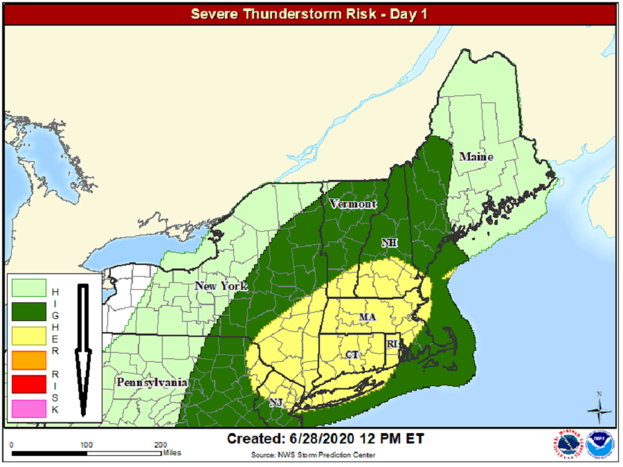 Portions of the northeast could see severe thunderstorms again this afternoon.  Image: NWS