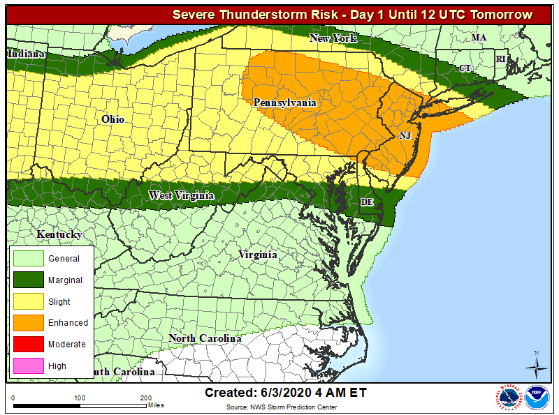 The orange area on the map reflects an enhanced threat of severe weather today. Image: NWS