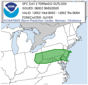 The best chance for tornadic cells is in the area painted in green.  Image: NWS