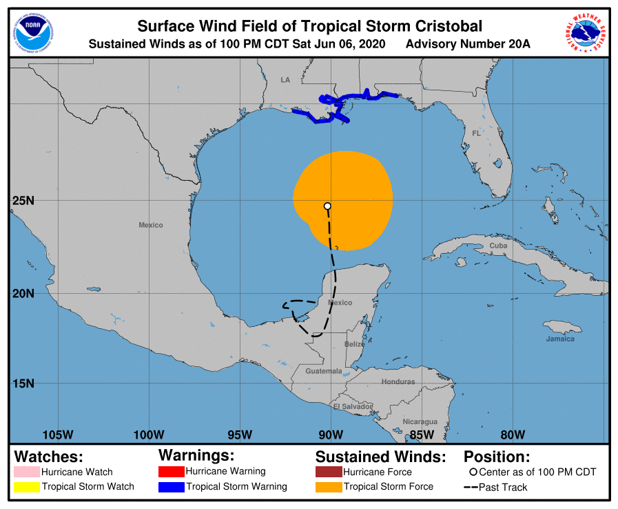 Current wind field from Cristobal shows the area of sustained tropical force winds. However, some tropical force gusts are likely well east of the storm along Florida's west coast from strong convection there. Image: NHC