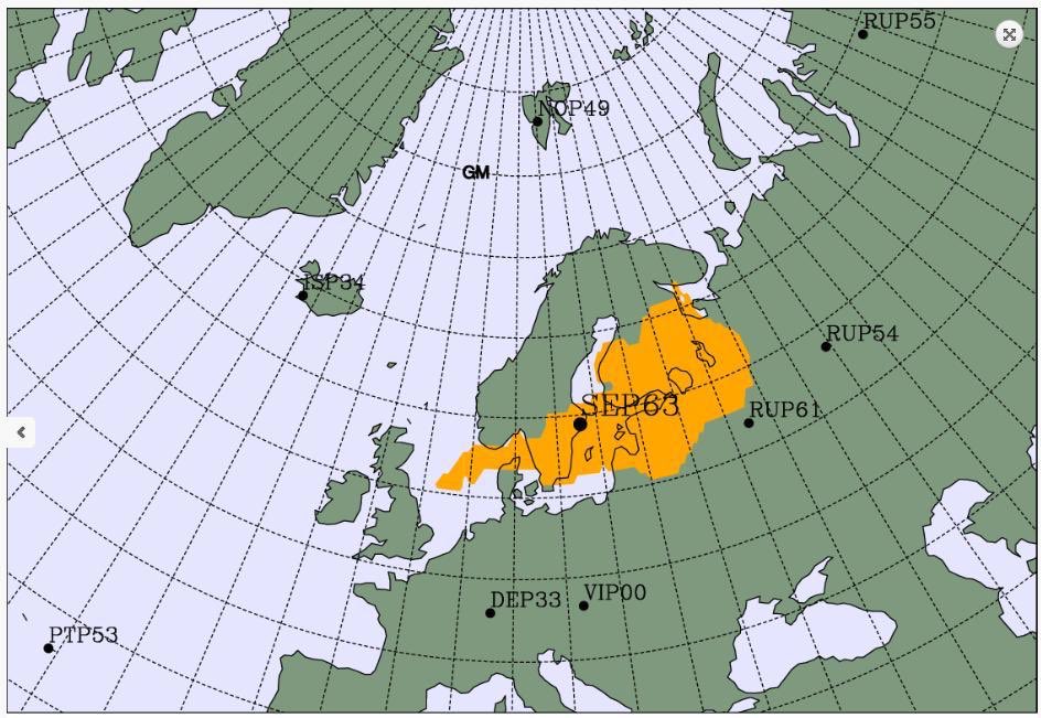 The orange indicates the possible source region of radioactive isotopes detected by the SEP63 monitoring site in Sweden. Image: Lassina Zerbo