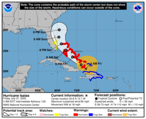 The latest official forecast from the National Hurricane Center brings Isaias close to the Florida east coast as a hurricane this weekend. Image: NHC