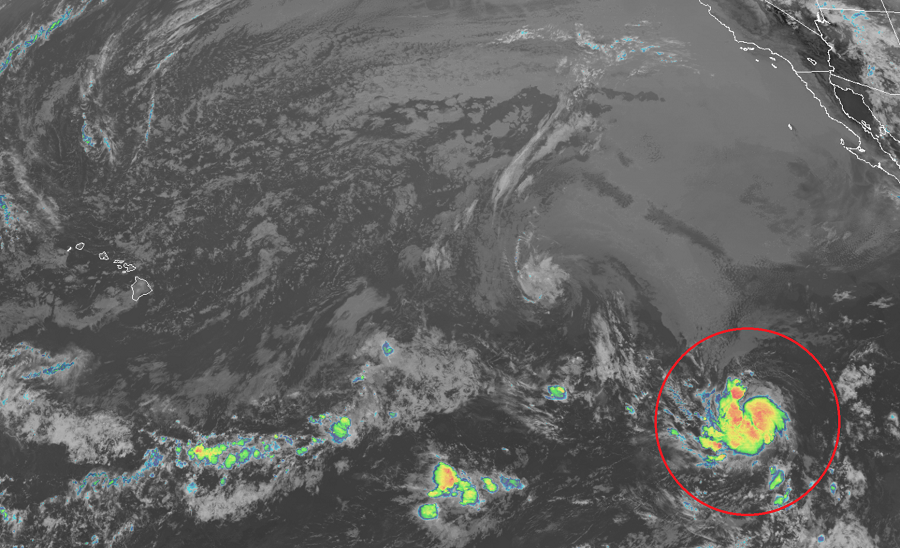 Tropical Storm Douglas is between the west coast of North America and Hawaii; it is forecast to become a hurricane. Image: NOAA