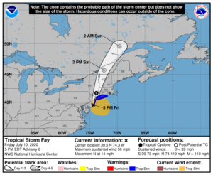 Tropical Storm Fay is forecast to weaken now that it has moved into New Jersey.  Image NHC