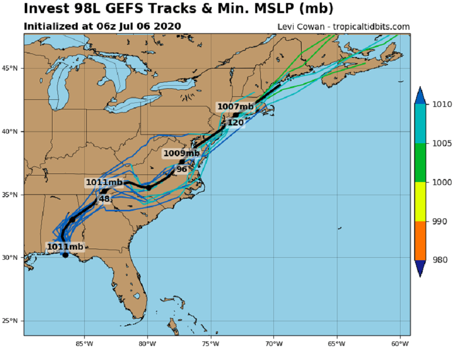 Some forecast guidance suggests the system would track up the U.S. East Coast over the next several days. Image: tropicaltidbits.com