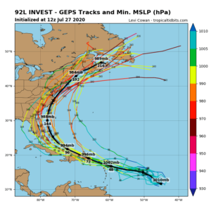 Computer models suggest that should a system form, it would threaten the U.S. East Coast more so than the Gulf Coast.  Image: tropicaltidbits.com