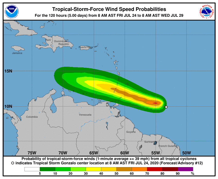 Probability of tropical storm winds in the near-future from Tropical Storm Gonzalo. Image: NHC