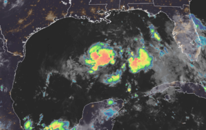 The latest satellite image shows the Gulf Coast threat taking shape there. Image: NOAA