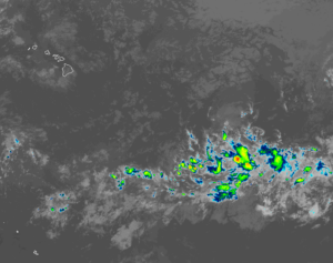 The latest satellite image from the GOES-West weather satellite shows an area of disturbed weather well south and east of Hawaii. Image: NOAA