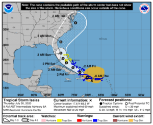 Latest forecast cone for Isaias from the National Hurricane Center. Image: NHC