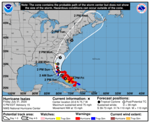 Latest official track for Hurricane Isaias from the National Hurricane Center.  Image: NHC