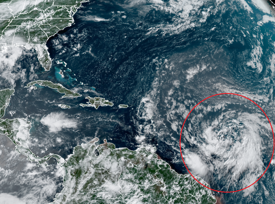 The area circled in red on this GOES-East satellite image is the area of concern. Image: NOAA