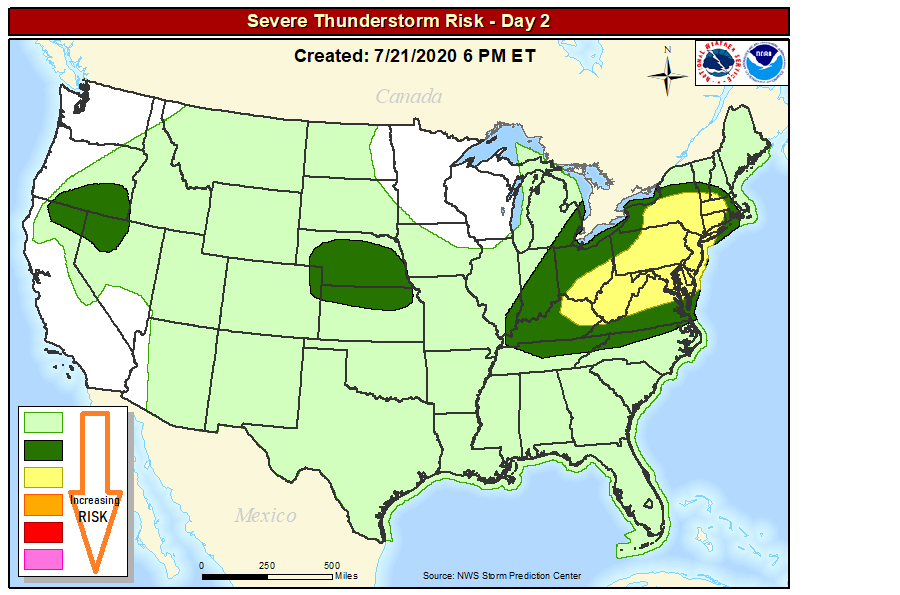 The yellow area on this map reflects where it is most likely severe weather will form in the U.S. on Wednesday.  Image: NWS
