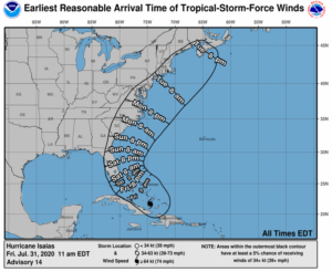 This map illustrates the area that the National Hurricane Center believes tropical storm force winds are possible and the earliest times such damaging winds would arrive. Within this area in a narrower section would be hurricane force winds and gusts. Image: NHC