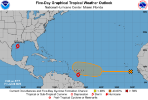 This new wave could develop into a new tropical cyclone over the next 5 days and could be in an area just north of where Gonzalo is today. Image: NHC
