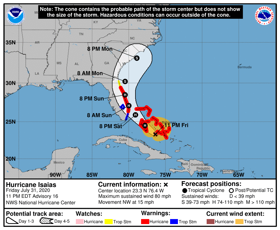 Latest track map from the National Hurricane Center shows the expanded warning area. Image: NHC