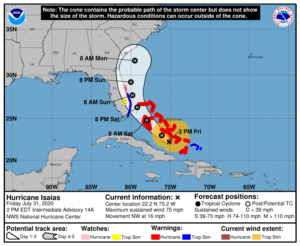 Latest warnings and 3-day track for Hurricane Isaias from the National Hurricane Center.  Image: NHC