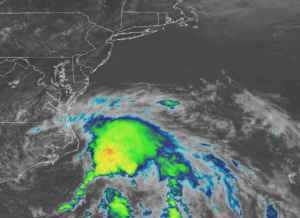 Current view from the GOES-East weather satellite shows the system getting better organized just east of the North Carolina coast. Image: NOAA