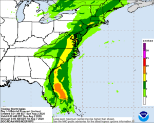 Some of the worst flooding with Isaias could occur over portions of the east coast from South Carolina north to  New Jersey.   Image: NWS
