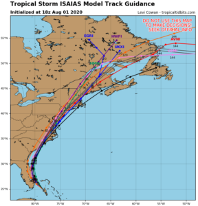 A variety of forecast models are in strong agreement that Isaias will continue marching up the entire U.S. East Coast. Image: tropicaltidbits.com