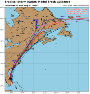 Most computer forecast model output is in agreement with the future track of Isaias this week. Image: tropicaltidbits.com