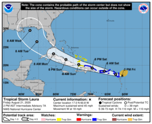 Latest forecast track for what will be Hurricane Laura. Image: NHC