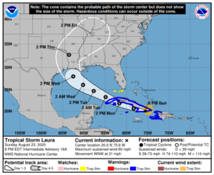Latest official track of Laura from the National Hurricane Center. Image: NHC