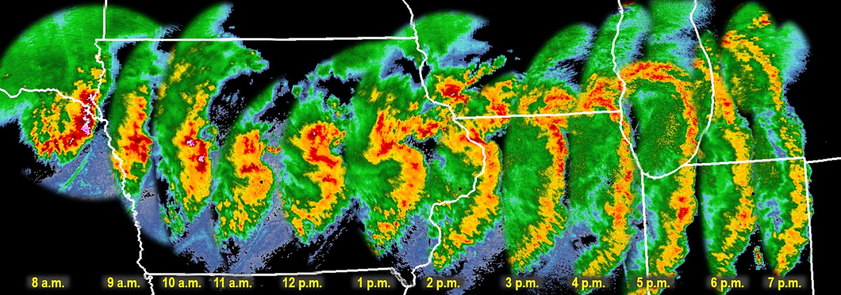 This composite view of multiple low-angle NWS RADAR images shows the progression of the derecho as it entered eastern Iowa on Monday morning, hit Chicago by evening, and faded away over Indiana and Michigan during the evening. Image: NWS Chicago