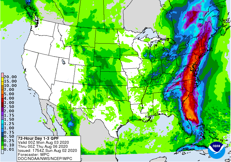 Extremely heavy rains from Isaias will create flood problems up/down much of the U.S. East Coast.  Image: NWS