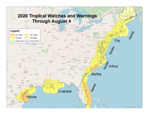 Much of the U.S. coastline that could be impacted by tropical cyclones has already been under a Tropical Storm or Hurricane Watch/Warning this year. Image: NWS