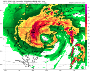 The latest HWRF forecast model shows the center of Isaias near Delaware Bay before progressing up the Garden State Parkway into the New York City metro area on Tuesday. Image: tropicaltidbits.com