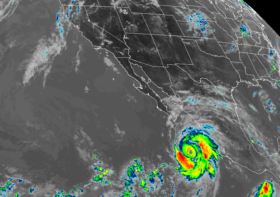The latest view from the GOES-West weather satellite shows Hurricane Genevieve spinning about off of Mexico's west coast. Image: NOAA