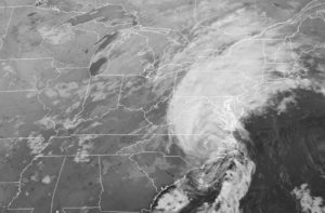 A black & white satellite imagery shows Isaias early this morning spiraling through North Carolina into Virginia. Image: NOAA