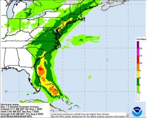 Some of the worst flooding with Isaias could occur over South Carolina, Maryland, Delaware, New Jersey, Pennsylvania, New York, and Connecticut.  Image: NWS