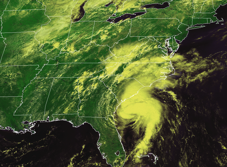 Latest satellite view shows the center of Isaias south of the South Carolina coastline. Image: NOAA