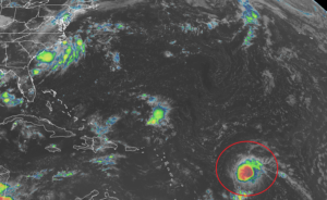 GOES-East satellite view of Tropical Storm Josephine circled. Image: NHC