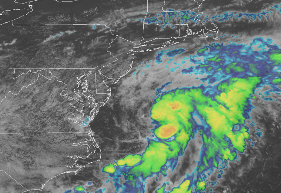 A storm system is taking shape off of the Mid Atlantic coast, as this image from the GOES-East weather satellite shows. Image: NOAA