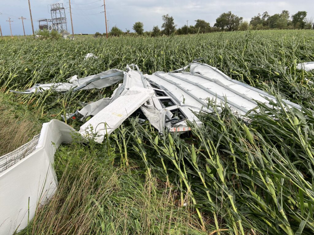 Crops, silos, and grain elevators lay in ruin across portions of Iowa where the derecho hit hard. Image: Kyle Williams