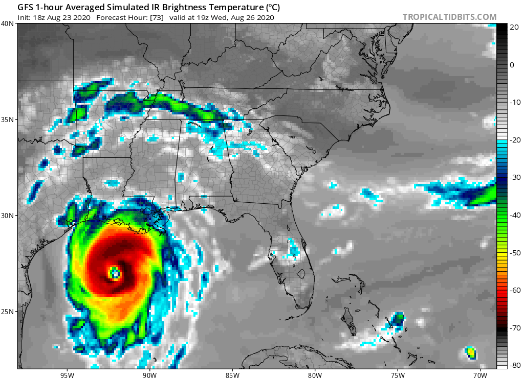 This is a simulated view of what infrared satellite imagery of Hurricane Laura could look like Wednesday afternoon, based on American GFS computer forecast model data. Image: tropicaltidbits.com
