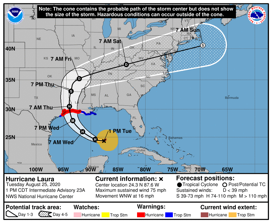 Latest track from the National Hurricane Center for Hurricane Laura. Image: NHC