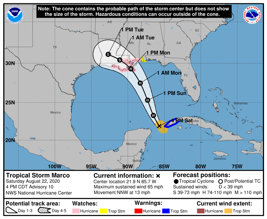 The National Hurricane Center has made a major update with their latest forecast track for Marco.  Image: NHC