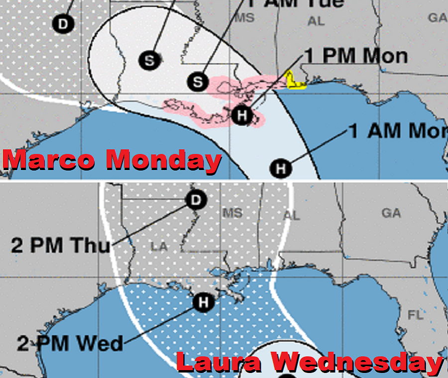 The current forecast track for Marco and Laura bring them to the Louisiana coastline as hurricanes within 72 hours of each other. Image: NHC