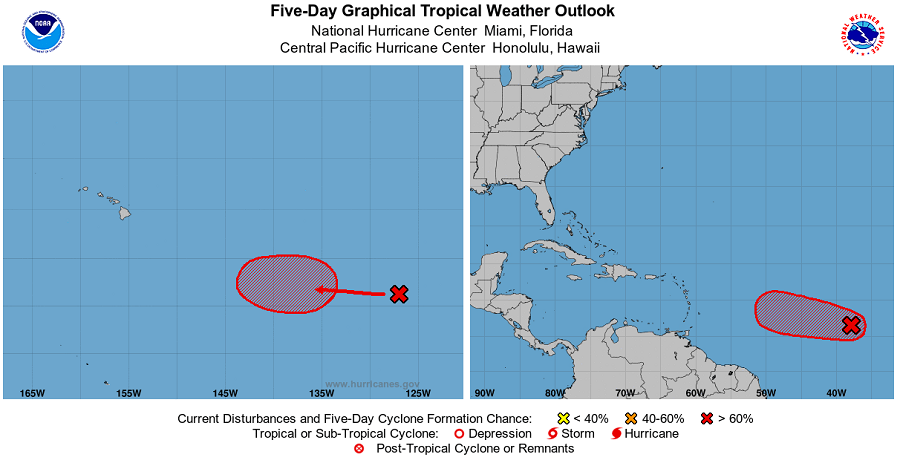 The latest Tropical Outlooks from the National Hurricane Center and Central Pacific Hurricane Center show high-probability threats of new tropical cyclone formation in both basin soon. Image: NHC / CPHC