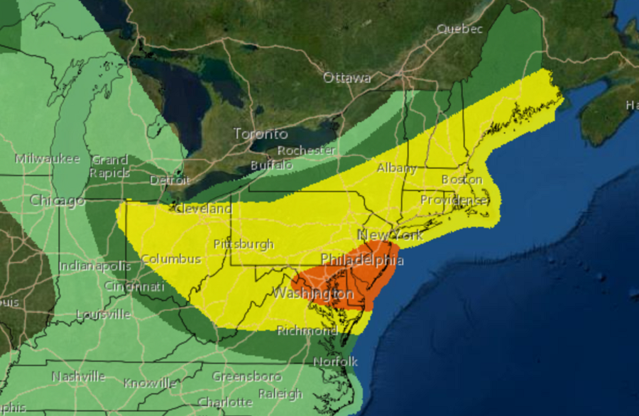 While thundershowers are possible in the light green area, strong to severe thunderstorms are possible in the dark green area. The yellow area has an even higher chance of severe thunderstorms, with the orange area showing the greatest threat of severe weather today. Image: NWS