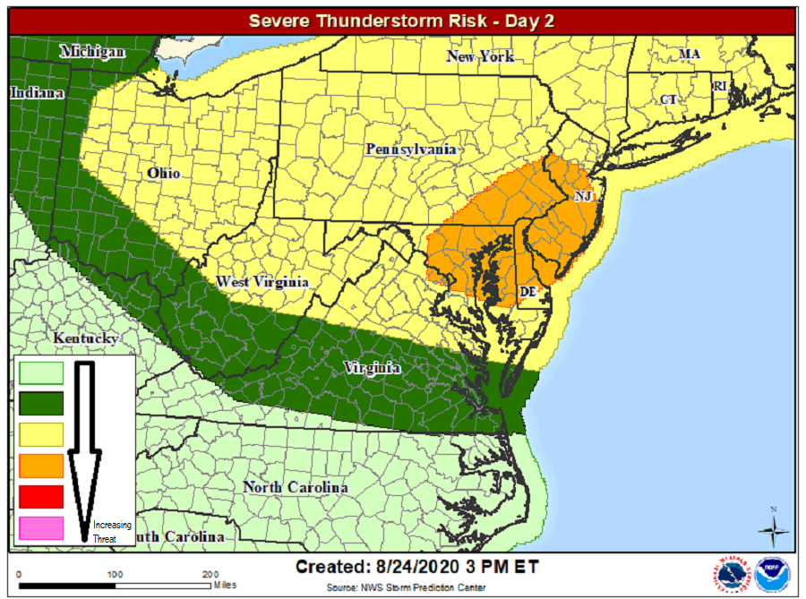 While thundershowers are possible in the light green area, severe thunderstorms may also form in the dark green area. The best chance of severe storms is in the yellow and orange area; the orange area could see wind damage. Image: NWS