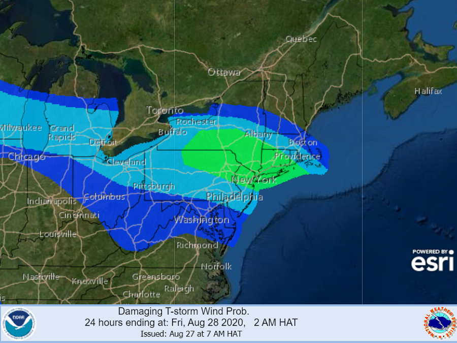 The greatest risk of severe winds from today's storms is in the green area over southern Upstate New York, northeastern Pennsylvania, northern New Jersey, the metro New York City area, Long Island, and most of Connecticut. The broader area in light blue could also see severe thunderstorms with wind damage. Isolated tornadoes are likely too. Image: NWS