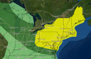 The National Weather Service's Storm Prediction Center is forecasting a severe weather event in the northeast on Wednesday. While thundershowers are possible in the light green area, some storms may become severe in the dark green area. The yellow area has the greatest risk of seeing severe thunderstorms. Image: NWS