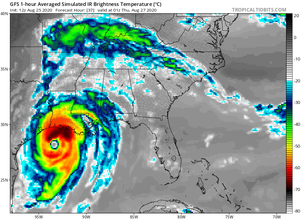 Simulated IR satellite view of Major Hurricane Laura for Wednesday evening based on data from the American GFS computer forecast model. Image: tropicaltidbits.com