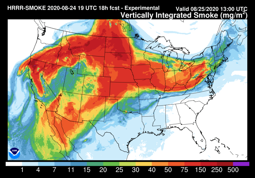 HRRR model output shows where smoke will travel in the coming days, with the red showing the most dense column of smoke into the atmosphere. Image: NOAA